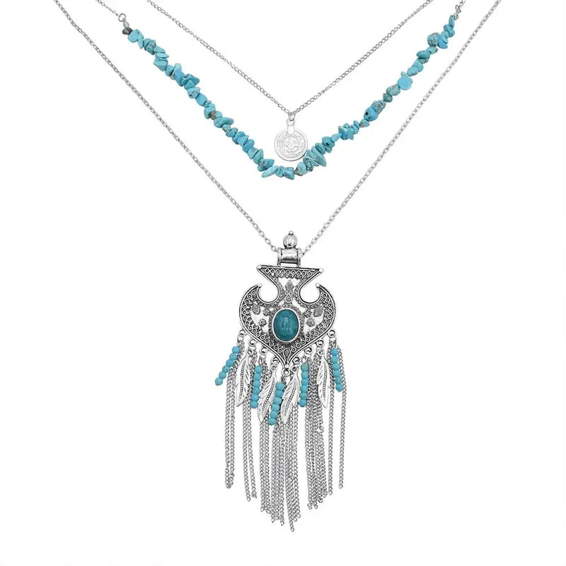 Boho Long Turquoise Tassel Pendant Necklace