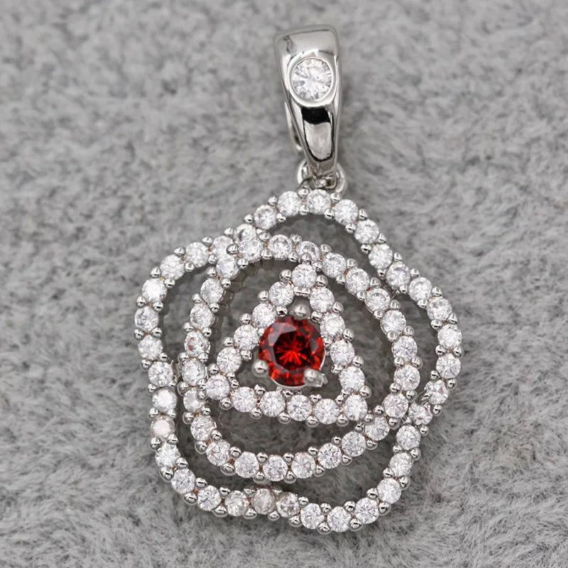Bohemian Flower Pendant Red Zirconia Necklace Wedding Jewelry