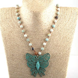 Amazonite Rosary Chain Butterfly Pendant Necklace for Women