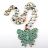Amazonite Rosary Chain Butterfly Pendant Necklace for Women