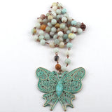 Amazonite Rosary Chain Butterfly Pendant Necklace for Women