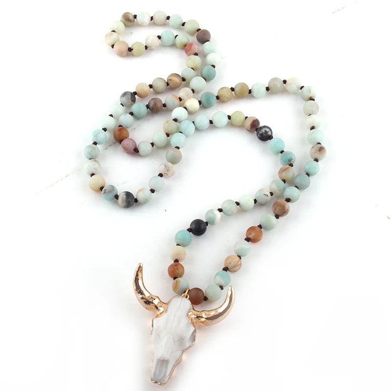 Bohemian Amazonite Stone Horn Pendant Necklace for Women