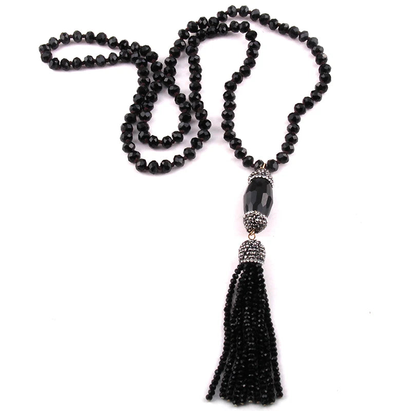 Boho Crystal Glass Tassel Long Necklace