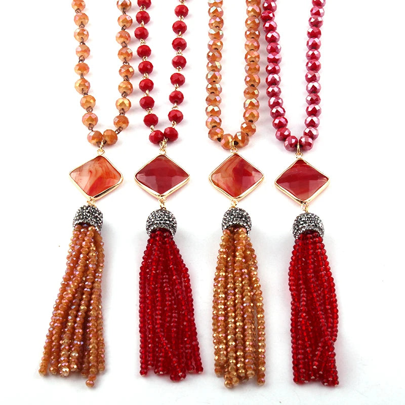 Bohemian Glass Crystal Tassel Necklace Red/Orange & Crystal Ethnic