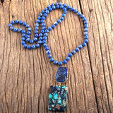 Boho Jewelry Long Knotted Necklace w/ Semi Precious Stone Pendant