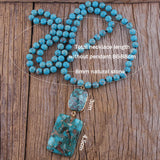 Boho Jewelry Long Knotted Necklace w/ Semi Precious Stone Pendant