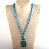 Boho Jewelry Long Knotted Necklace w/ Semi Precious Stone Pendant