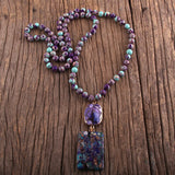 Boho Jewelry Long Knotted Necklace w/ Semi Precious Stone Pendant