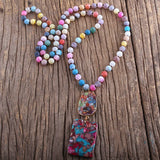 Boho Jewelry Long Knotted Necklace w/ Semi Precious Stone Pendant