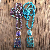 Boho Jewelry Long Knotted Necklace w/ Semi Precious Stone Pendant