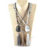 Boho Gray/White/Amazonite Stone Leather Tassel Necklace