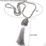 Boho Gray/White/Amazonite Stone Leather Tassel Necklace