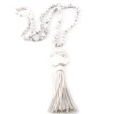 Boho Gray/White/Amazonite Stone Leather Tassel Necklace