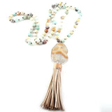 Boho Gray/White/Amazonite Stone Leather Tassel Necklace