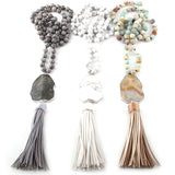 Boho Gray/White/Amazonite Stone Leather Tassel Necklace