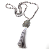 Boho Gray/White/Amazonite Stone Leather Tassel Necklace