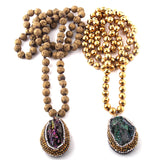 Bohemian Hematite/Lava Stones Necklace with Natural Druzy Pendant