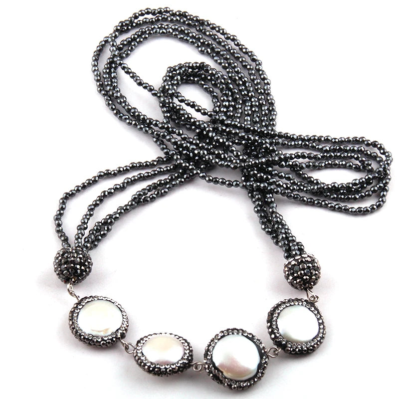 Bohemian Hematite Stone Necklace with Pearl Charms