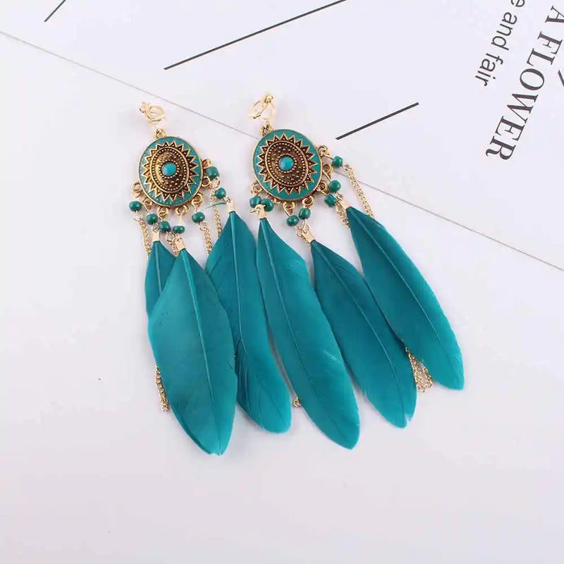 Bohemian Tassel Feather Enamel Clip Earrings for Women