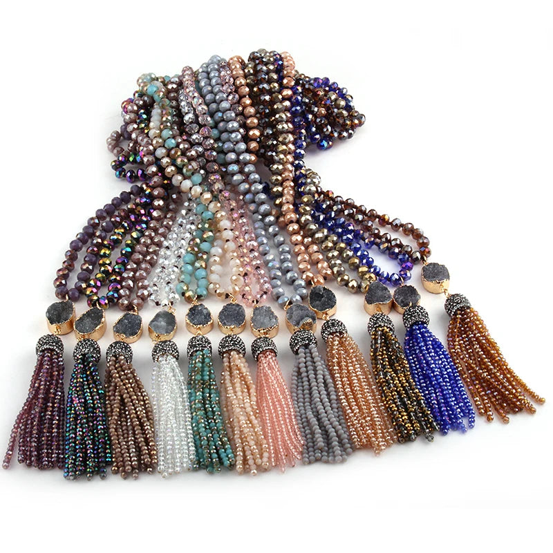 Bohemian Tribal Jewelry Glass Druzy Tassel Necklace 24