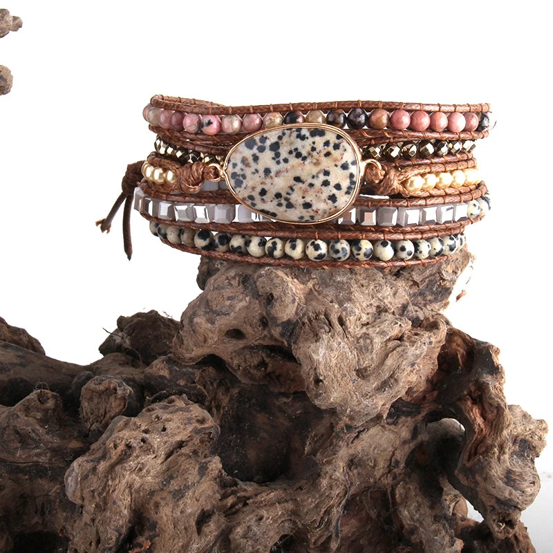 Boho Beaded Wrap Bracelet Mixed Stones & Crystal Charm Gift