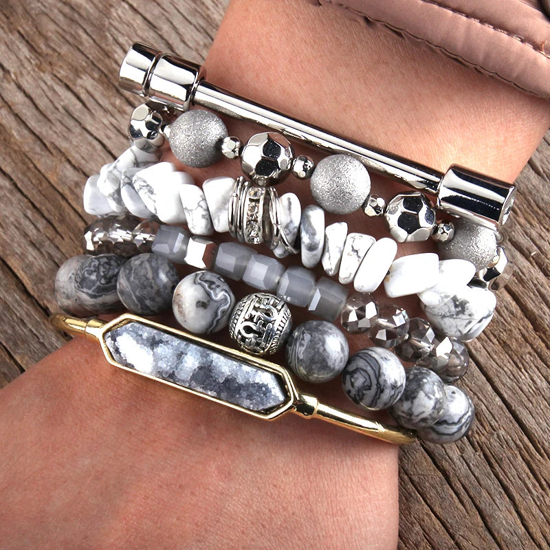 Boho Druza Bangle Bracelets Set 6pc Stack Bracelet