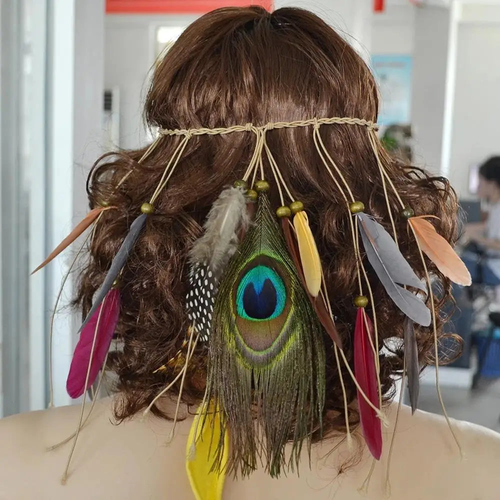 Boho Feather Headband Peacock Feather Turban Hairband