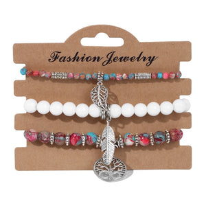 Boho Stone Beaded Bracelet Set Feather Life Tree Charm Bracelets Agat Bangle