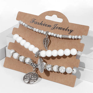 Boho Stone Beaded Bracelet Set Feather Life Tree Charm Bracelets Agat Bangle