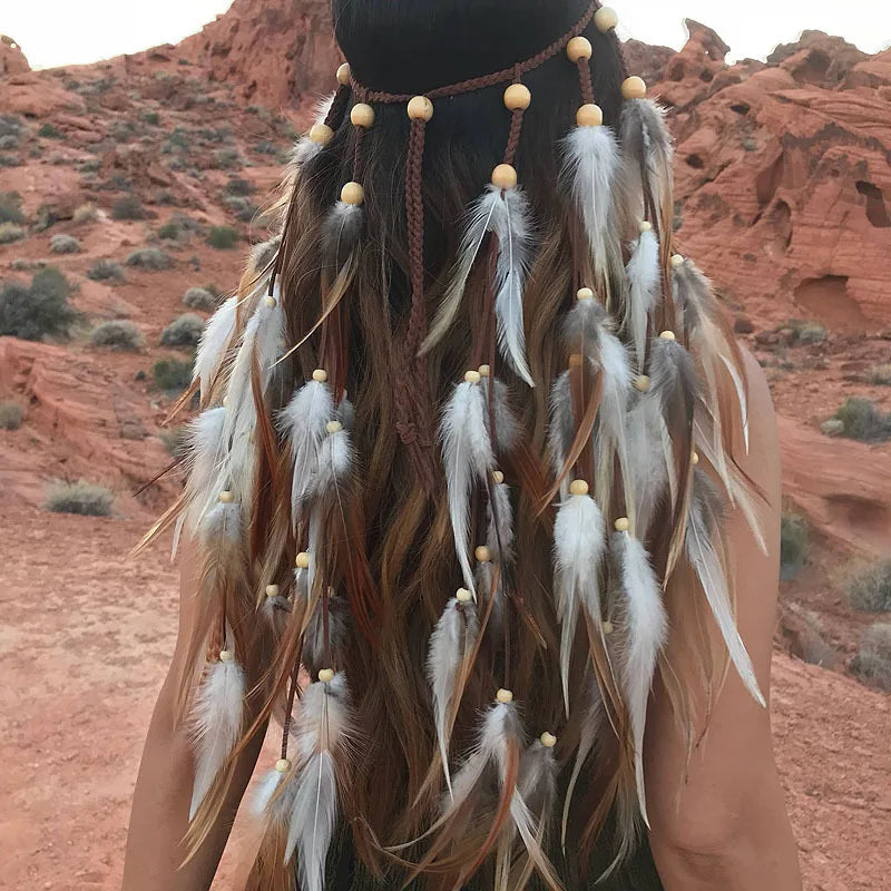 Boho Feather Headband Beads Headdress Hair Accessories