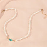 Boho Vintage Green Emerald Necklace Pearl Beads Choker Chain