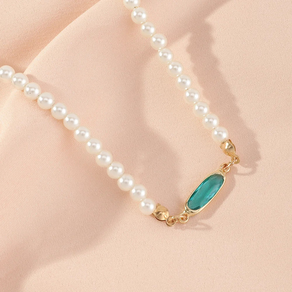 Boho Vintage Green Emerald Necklace Pearl Beads Choker Chain