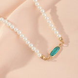 Boho Vintage Green Emerald Necklace Pearl Beads Choker Chain