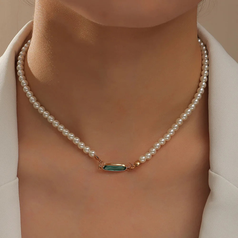 Boho Vintage Green Emerald Necklace Pearl Beads Choker Chain