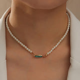 Boho Vintage Green Emerald Necklace Pearl Beads Choker Chain