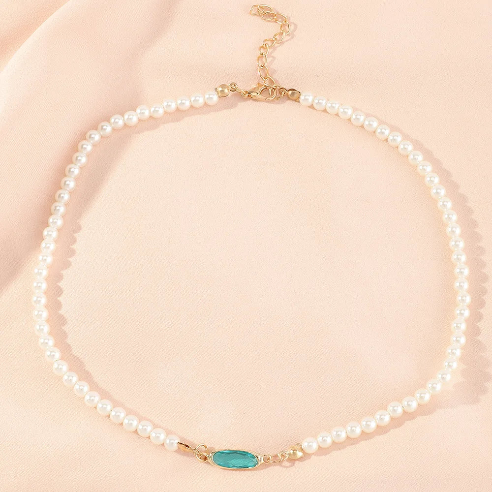 Boho Vintage Green Emerald Necklace Pearl Beads Choker Chain