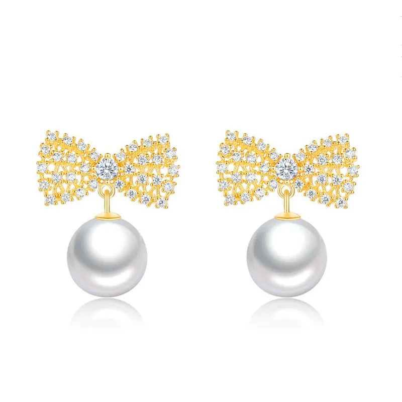 Bowknot Moon Zircon Pearls Earring 925 Silver Needle for Women