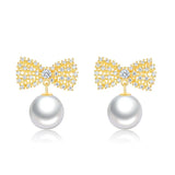 Bowknot Moon Zircon Pearls Earring 925 Silver Needle for Women