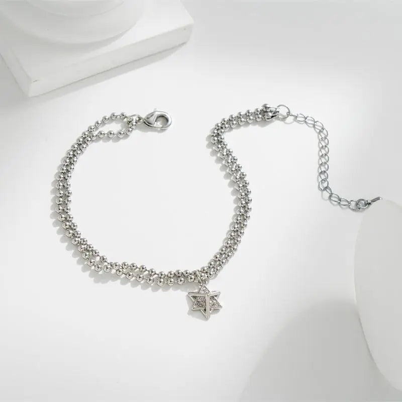 Double Layer Beads Chain Bracelet Moissanite Pentagram Jewelry