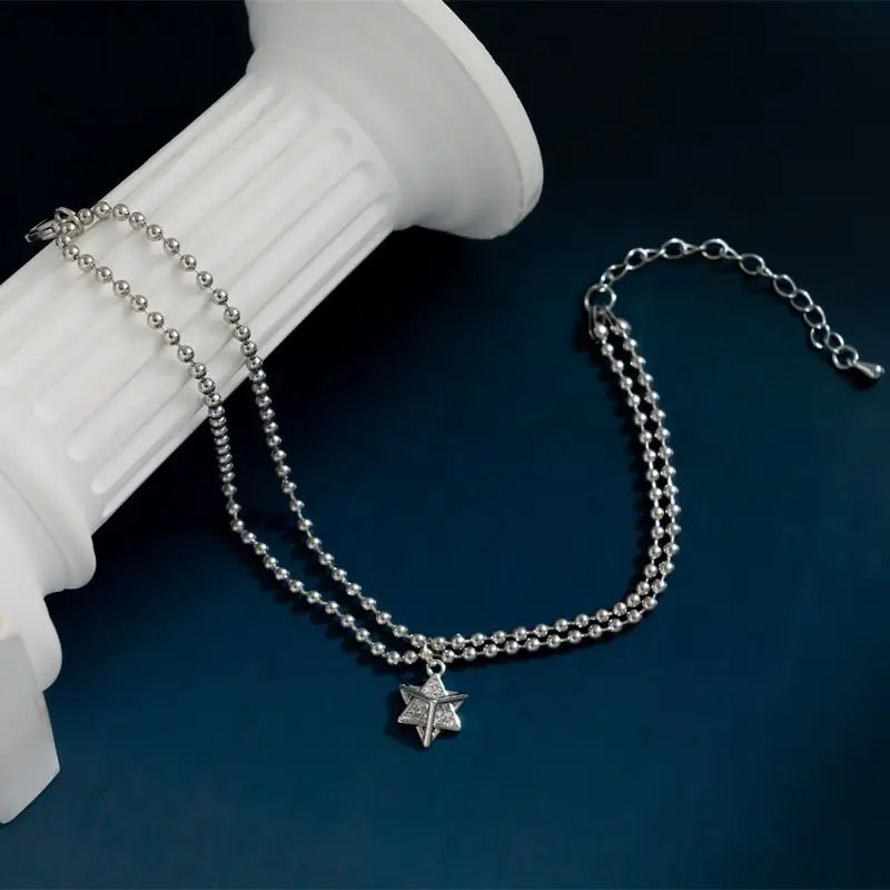 Double Layer Beads Chain Bracelet Moissanite Pentagram Jewelry