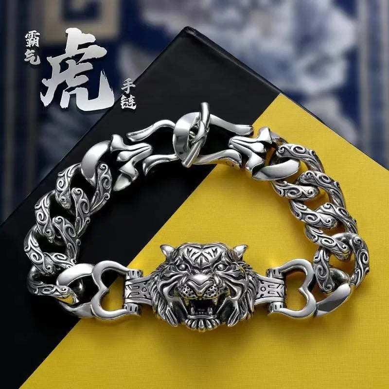 S925 Silver Men's Tiger Head Bracelet Bold Hegemony Bangle
