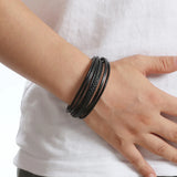 Braided Rope Woven Leather Bracelet with Stainless Steel Bangle