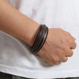 Braided Rope Woven Leather Bracelet with Stainless Steel Bangle