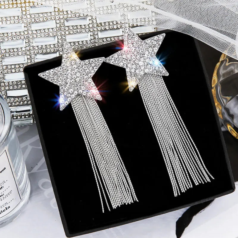 Europe Star Chain Tassel Earrings Rhinestone Long Pendient