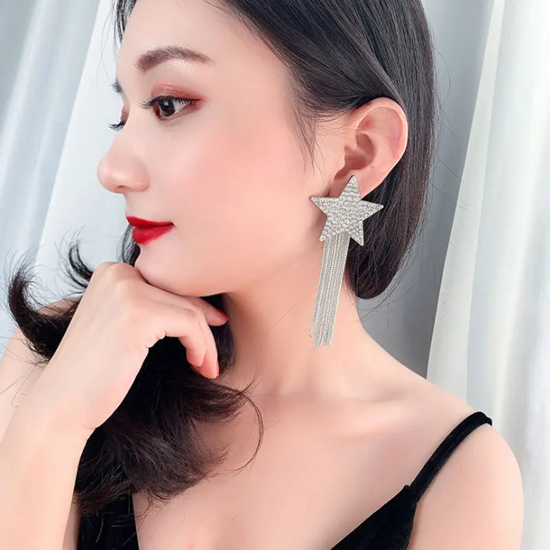 Europe Star Chain Tassel Earrings Rhinestone Long Pendient