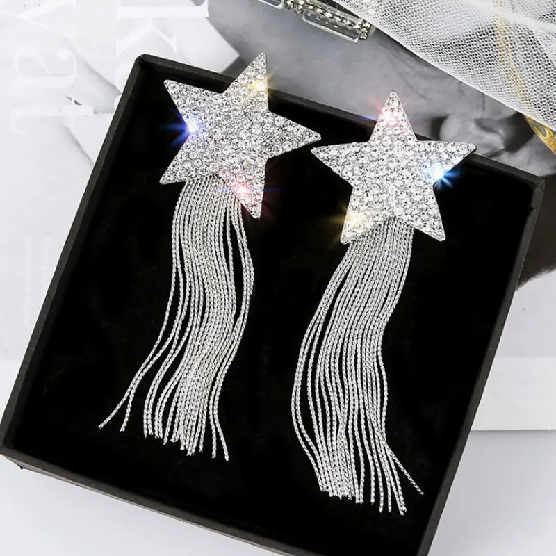 Europe Star Chain Tassel Earrings Rhinestone Long Pendient