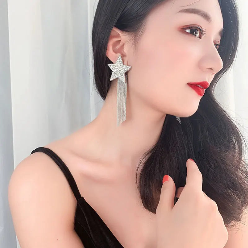 Europe Star Chain Tassel Earrings Rhinestone Long Pendient