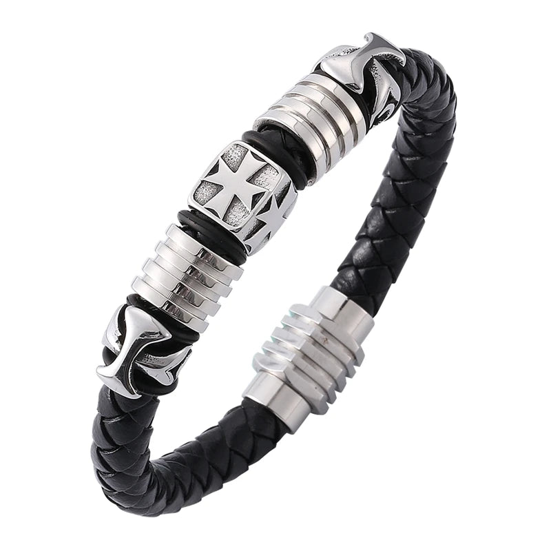 Men Leather Bracelet Stainless Steel Clasp Wristband SP0129