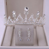 Bridal Crown Earrings Set Pearl Leaf Teardrop Tiara Wedding