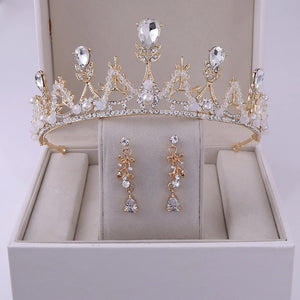 Bridal Crown Earrings Set Pearl Leaf Teardrop Tiara Wedding
